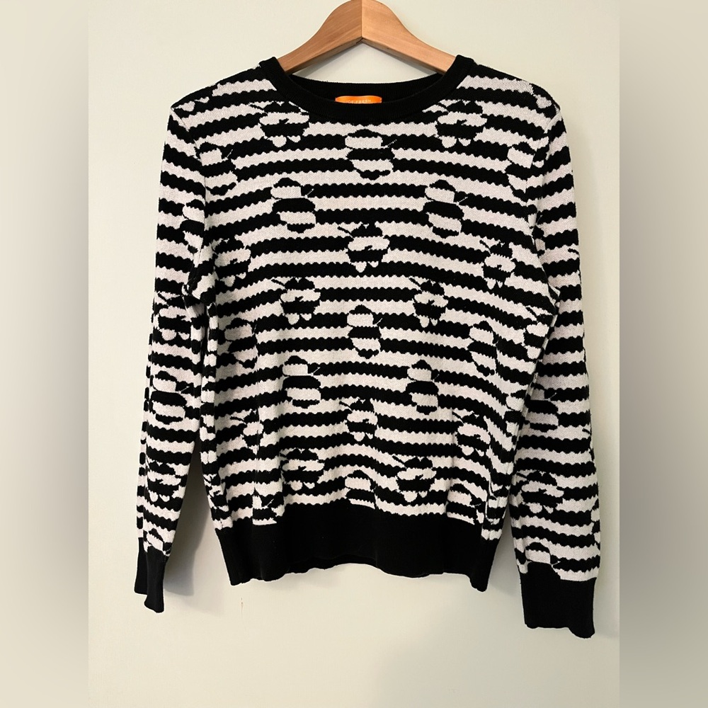 Black & white striped cotton blend sweater with stylized floral motif Joe Fresh